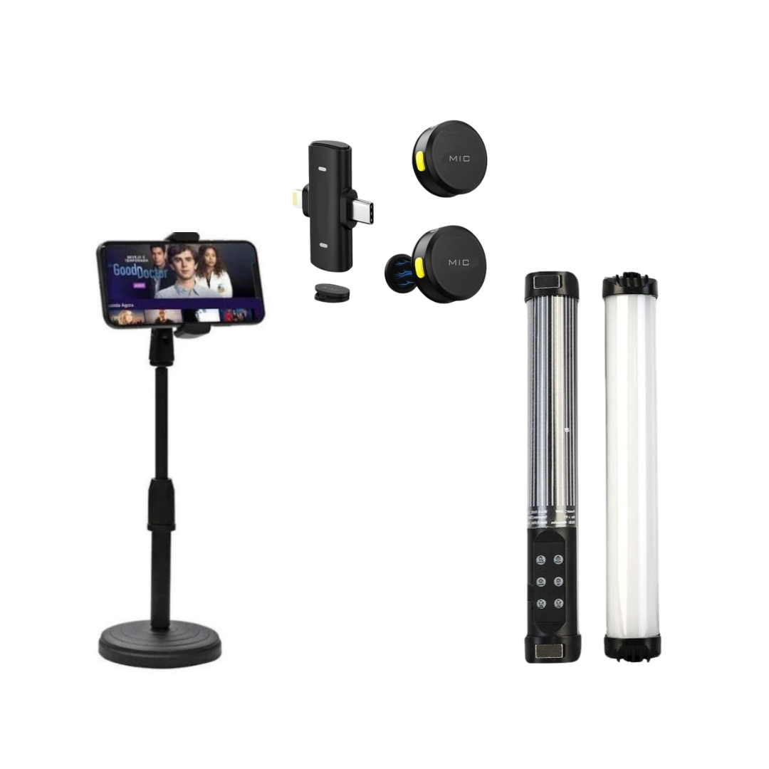 KIT - SUPORTE DE MESA + BASTÃO DE LED RGB + MICROFONE DE LAPELA MAX